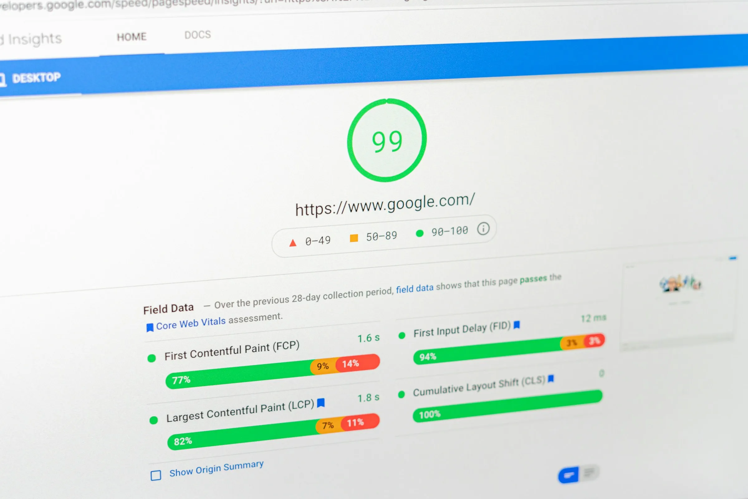 Example of high score in Google page speed insights in Roofing